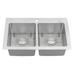 Sale 33" x 22" Topmount 50/50 Double Bowl 16 Gauge Stainless Steel Kitchen Sink Drop-In / Top Mount Sinks|Stainless Steel Sinks