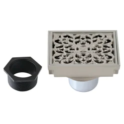 Online Scroll 4" Brass Square Grid Shower Drain with Flange and Hair Trap Shower Drains