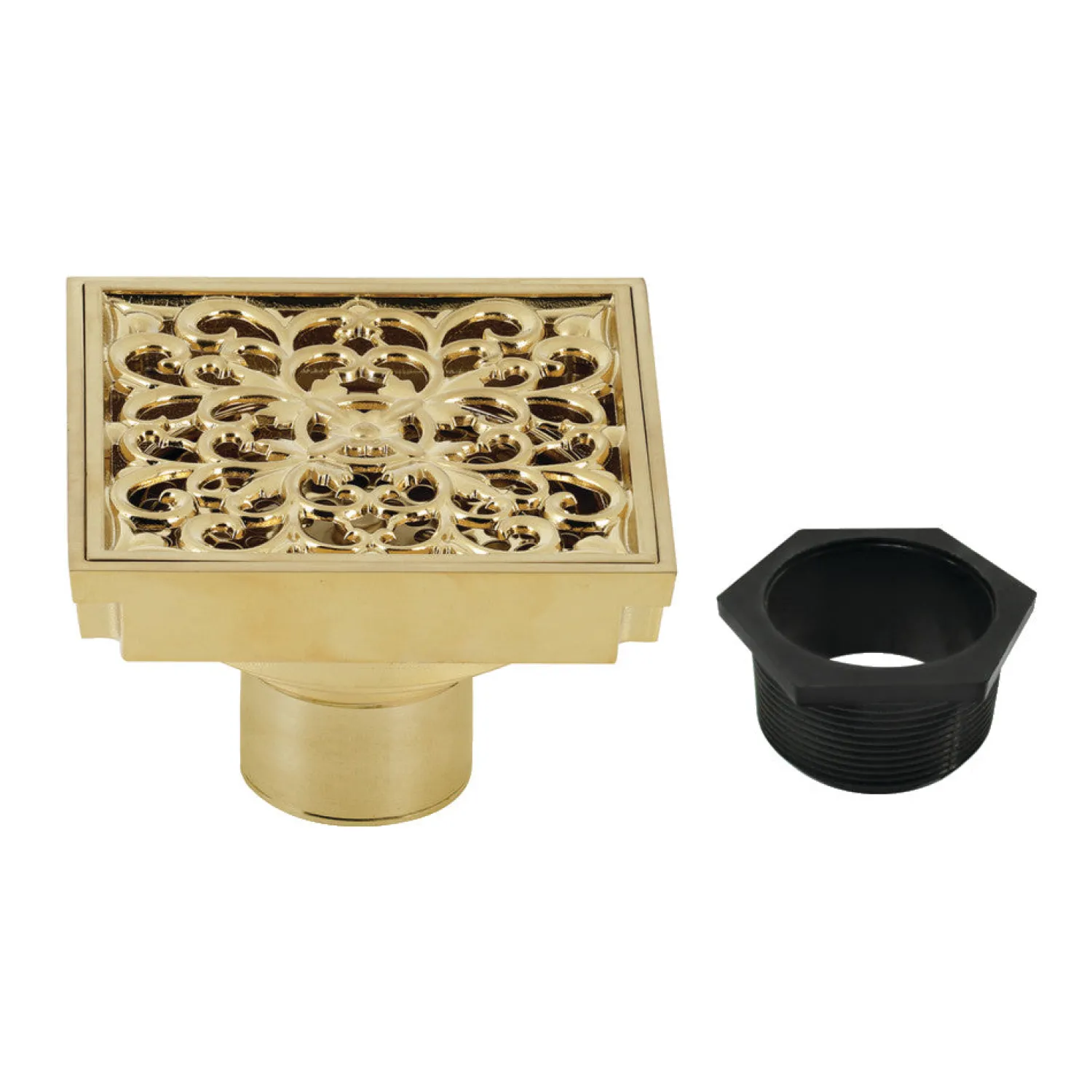 Online Scroll 4" Brass Square Grid Shower Drain with Flange and Hair Trap Shower Drains