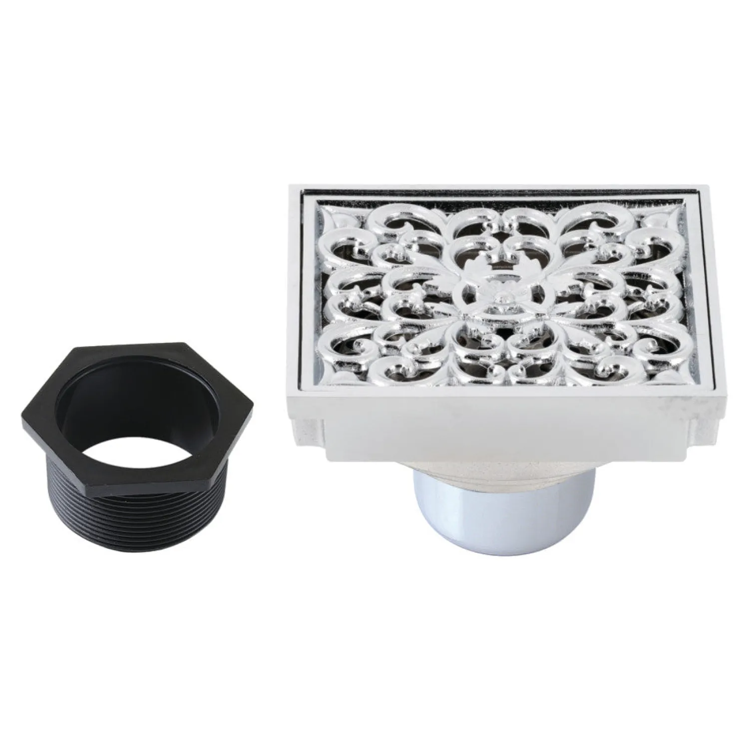 Online Scroll 4" Brass Square Grid Shower Drain with Flange and Hair Trap Shower Drains