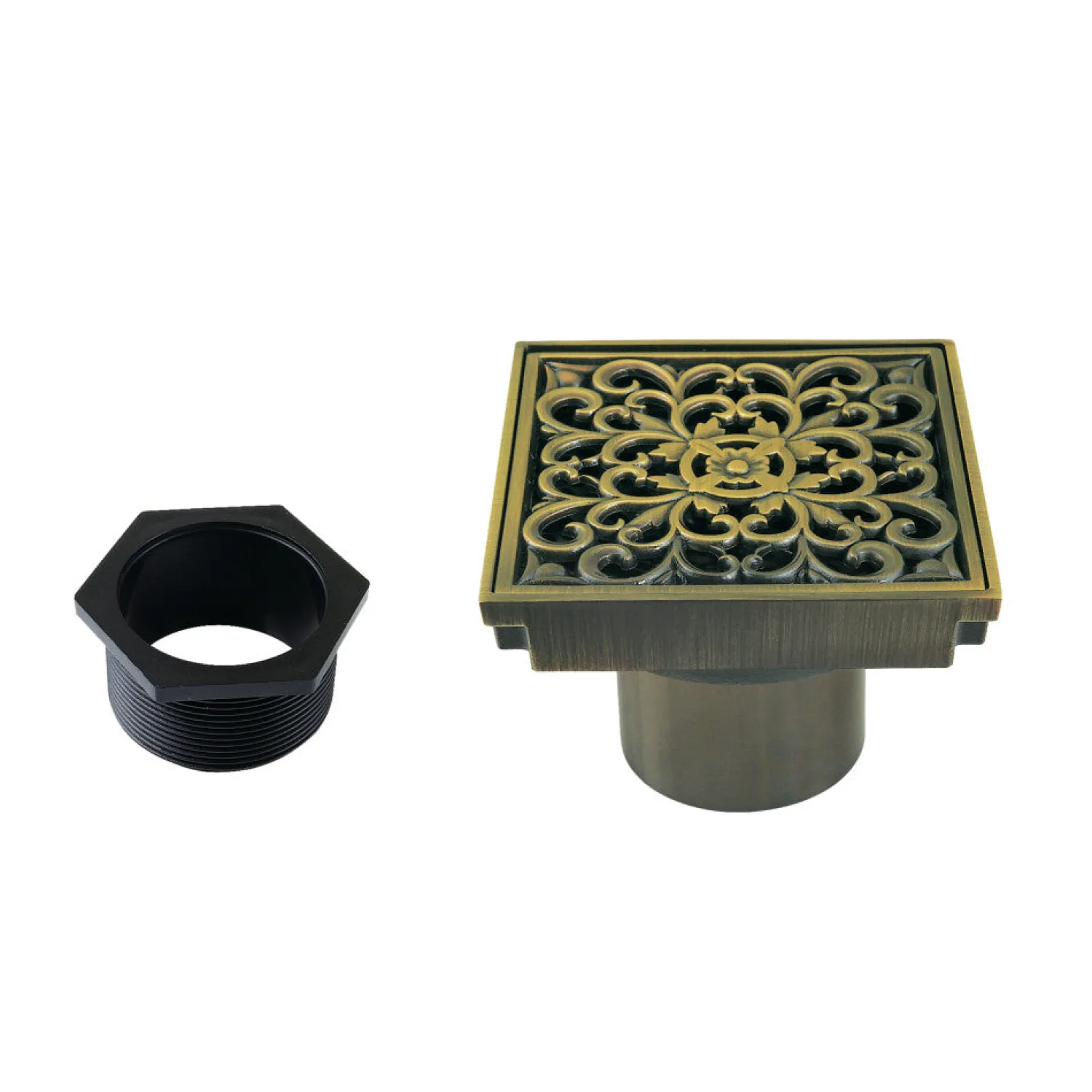 Online Scroll 4" Brass Square Grid Shower Drain with Flange and Hair Trap Shower Drains