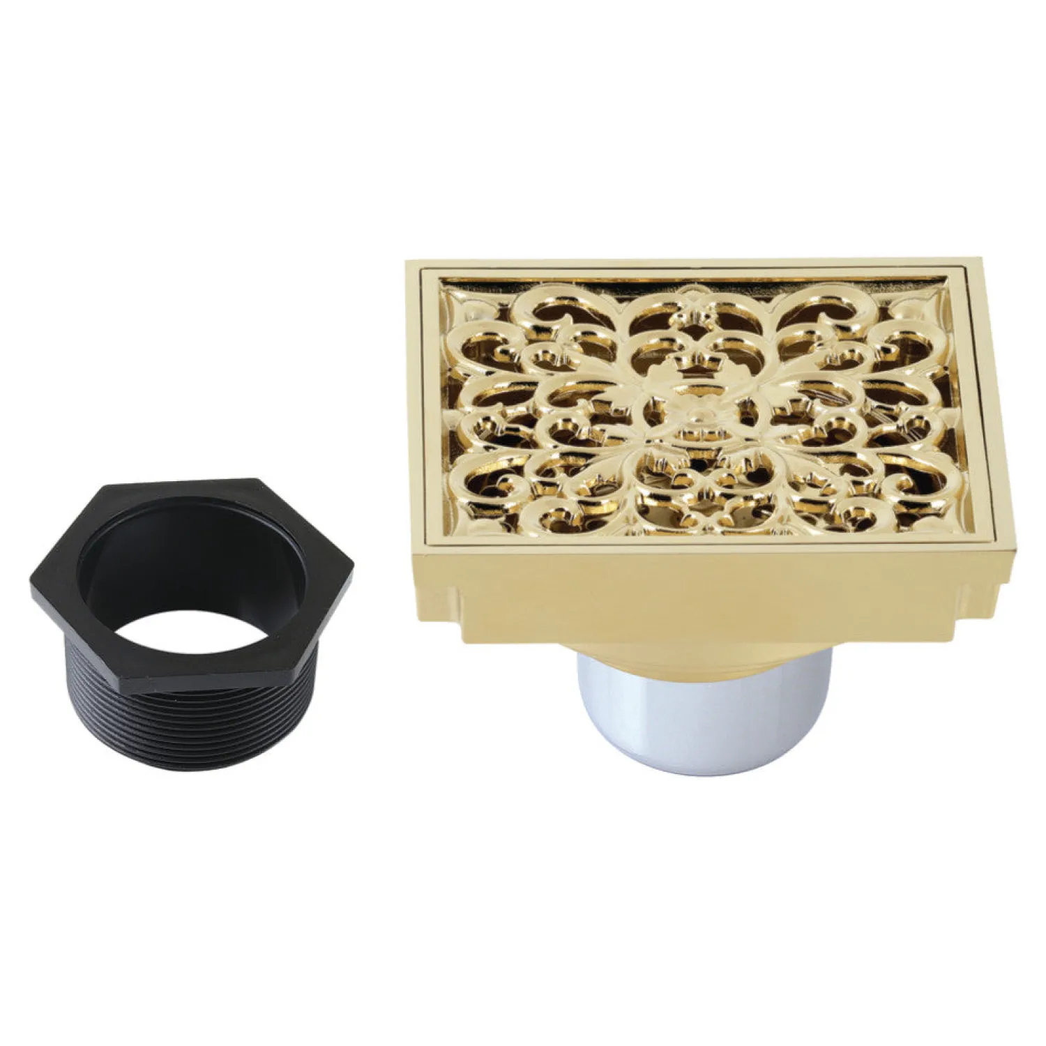 Online Scroll 4" Brass Square Grid Shower Drain with Flange and Hair Trap Shower Drains