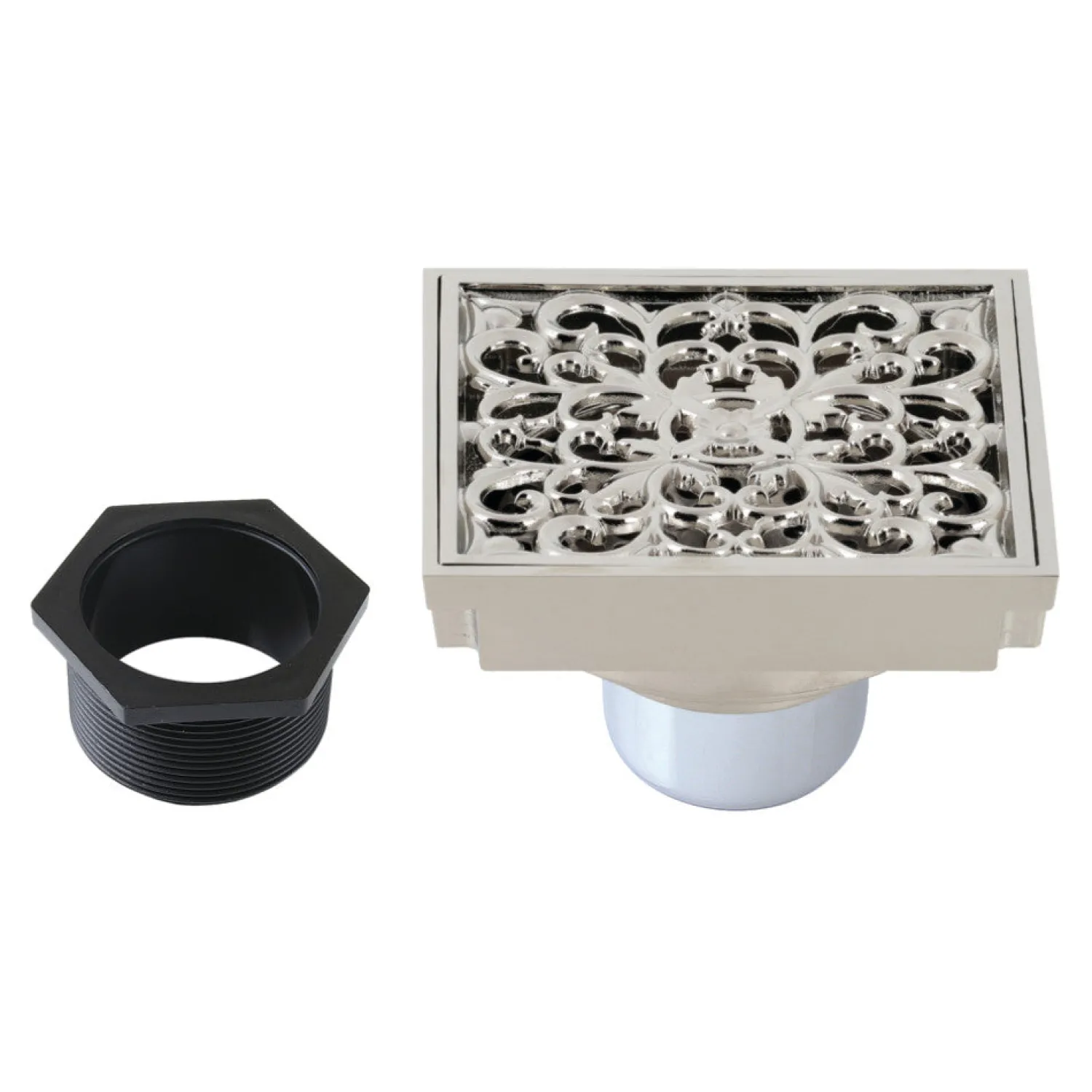 Online Scroll 4" Brass Square Grid Shower Drain with Flange and Hair Trap Shower Drains