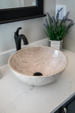 Hot Small Vessel Sink Bowl in Polished Penny Grey Marble Above Counter / Vessel Sinks