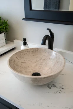 Hot Small Vessel Sink Bowl in Polished Penny Grey Marble Above Counter / Vessel Sinks