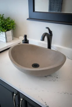 Hot Stone Canoe Sink in Honed Molly Grey Marble Above Counter / Vessel Sinks