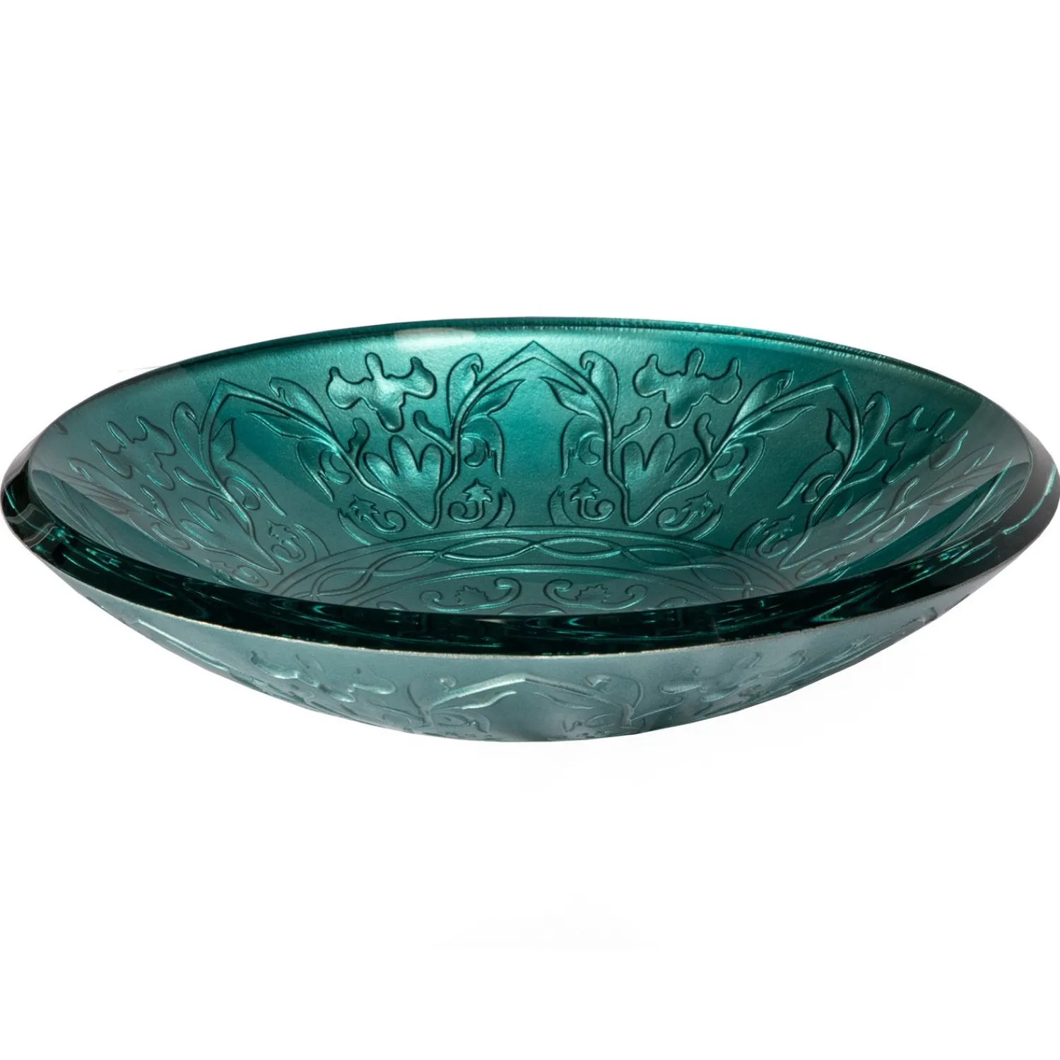 Discount Teal Glass Vessel Sink With Embossed Pattern Above Counter / Vessel Sinks