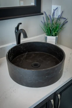 Outlet Thin Lip Round Nero Marquino Marble Column Vessel Sink Above Counter / Vessel Sinks
