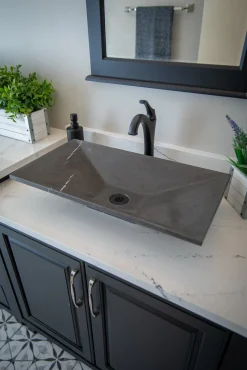 Ultra Modern Rectangular Vessel Sink in Honed Pietra Grey Marble Above Counter / Vessel Sinks