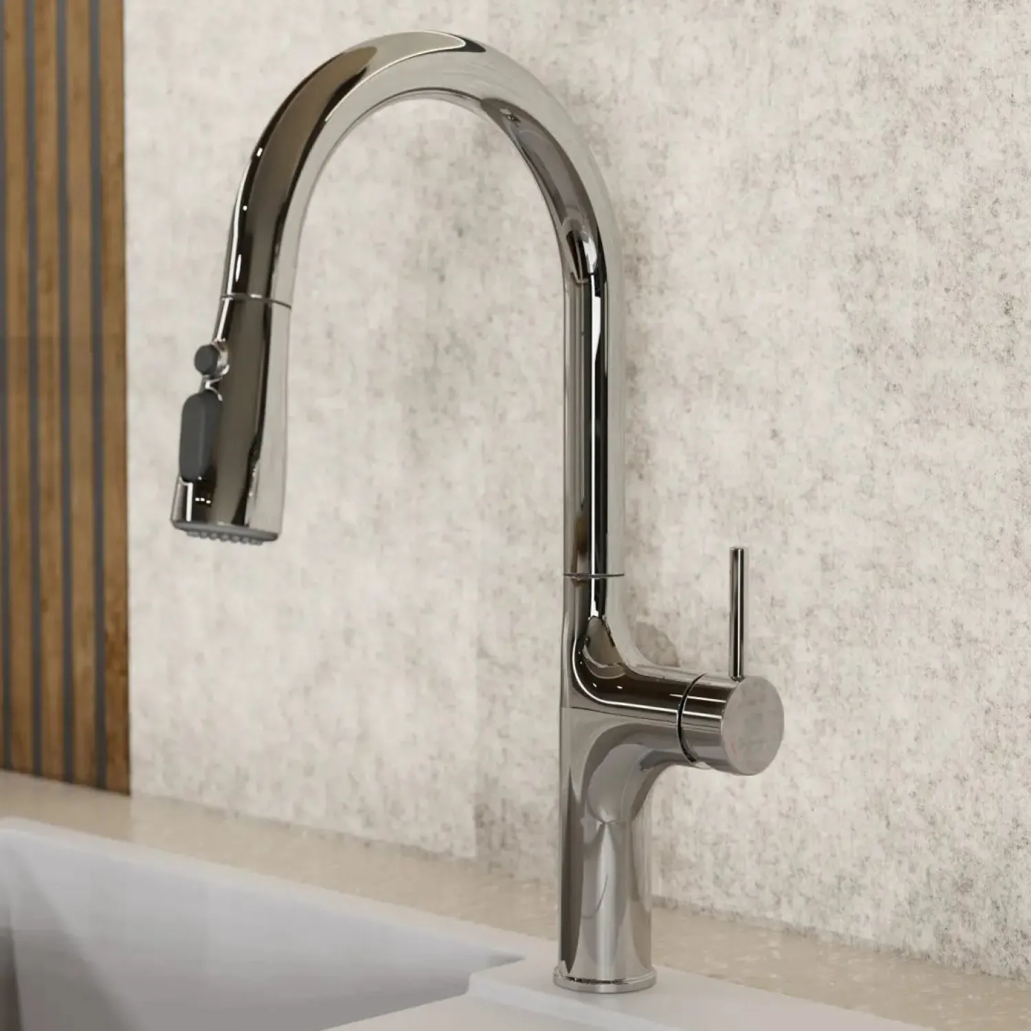 Outlet Arched Pull-Down Kitchen Faucet in Chrome Single Hole