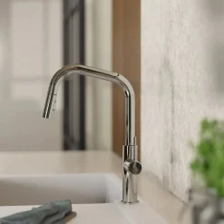 Outlet Kitchen Faucet with Angled Spout Pull-Down Sprayer in Chrome Single Hole