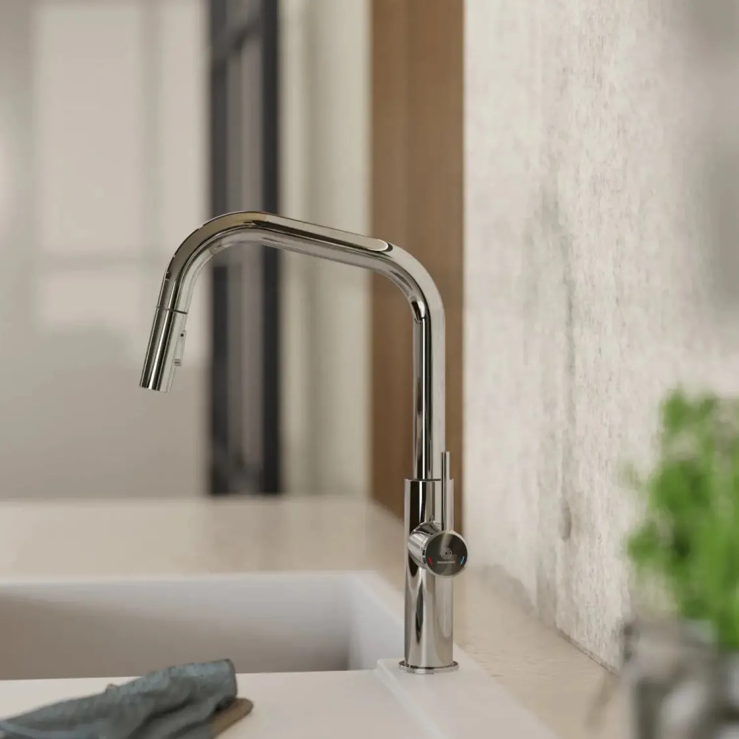 Outlet Kitchen Faucet with Angled Spout Pull-Down Sprayer in Chrome Single Hole