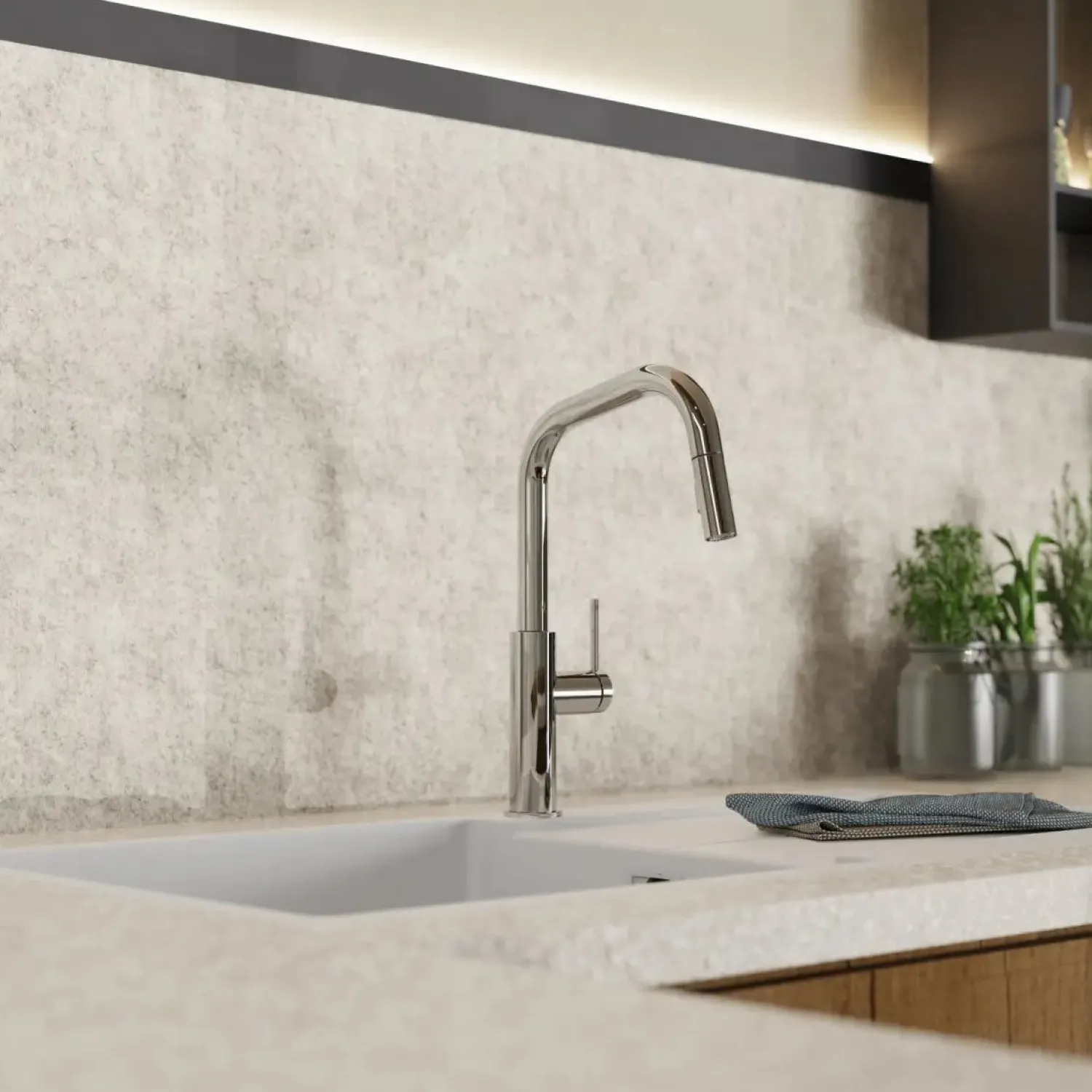 Outlet Kitchen Faucet with Angled Spout Pull-Down Sprayer in Chrome Single Hole
