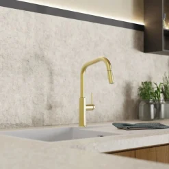 New Kitchen Faucet with Angled Spout Pull-Down Sprayer in Brushed Gold Single Hole