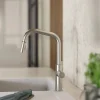 Hot Kitchen Faucet with Angled Spout Pull-Down Sprayer in Brushed Nickel Single Hole
