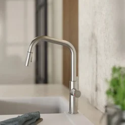 Hot Kitchen Faucet with Angled Spout Pull-Down Sprayer in Brushed Nickel Single Hole