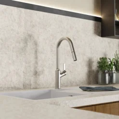 Outlet Kitchen Faucet with Curved Spout in Brushed Nickel Single Hole