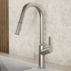 Outlet Kitchen Faucet with Curved Spout in Brushed Nickel Single Hole