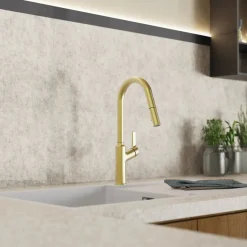 Kitchen Faucet with Curved Spout in Brushed Gold Single Hole