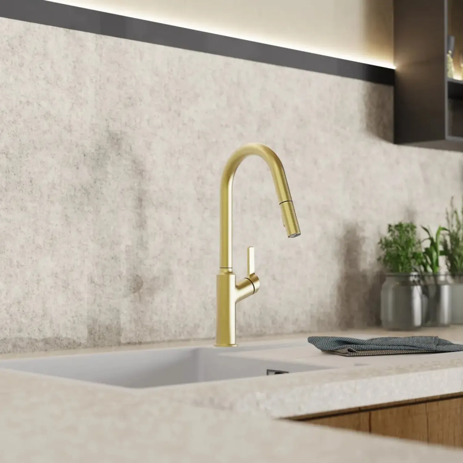 Kitchen Faucet with Curved Spout in Brushed Gold Single Hole