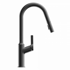 Outlet Kitchen Faucet with Curved Spout in Matte Graphite Single Hole