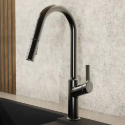 Outlet Kitchen Faucet with Curved Spout in Matte Graphite Single Hole