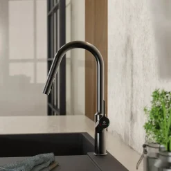 Outlet Kitchen Faucet with Curved Spout in Matte Graphite Single Hole