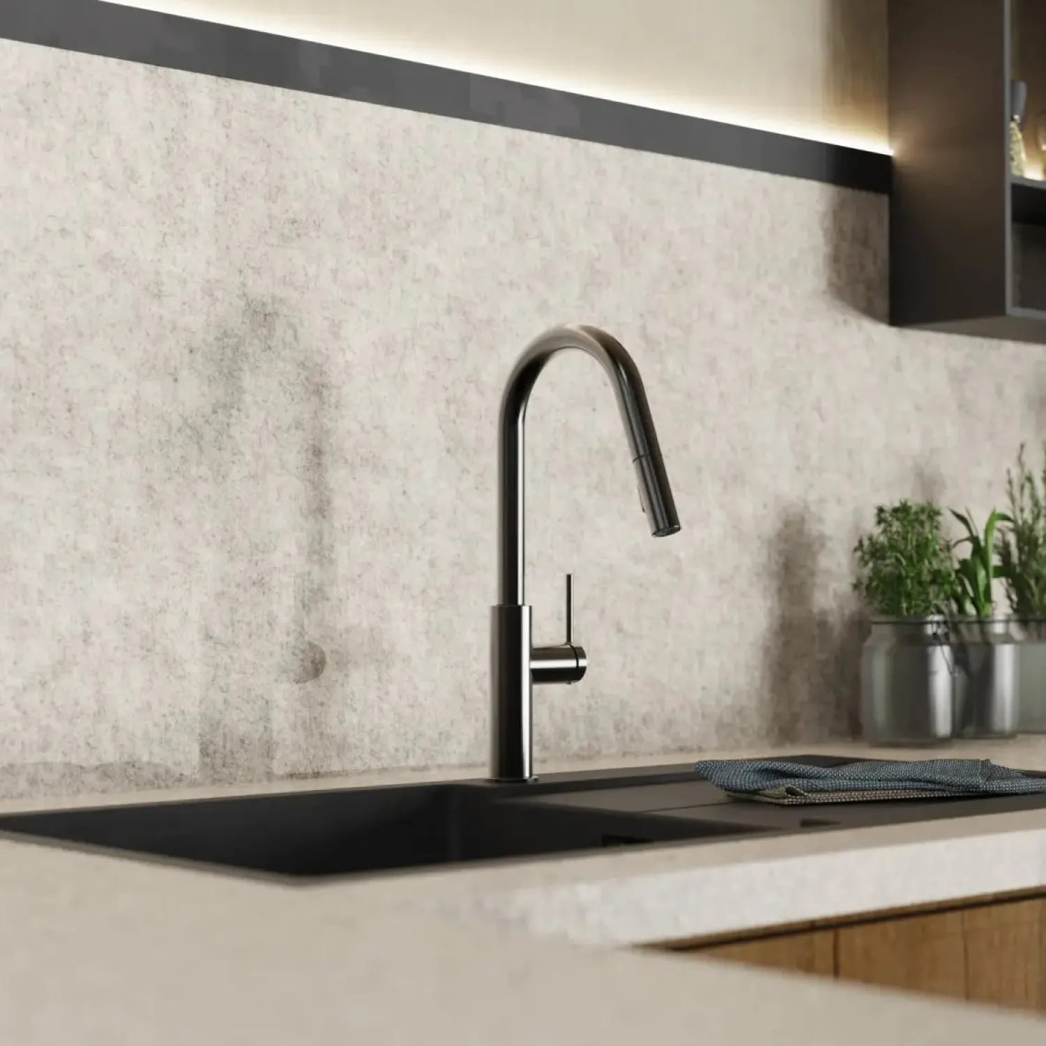 Clearance Kitchen Faucet with Curved Pull-Down Spout in Matte Graphite Single Hole