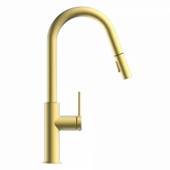 Outlet Kitchen Faucet with Curved Pull-Down Spout in Brushed Gold Single Hole