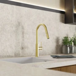 Outlet Kitchen Faucet with Curved Pull-Down Spout in Brushed Gold Single Hole