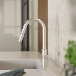Kitchen Faucet with Curved Pull-Down Spout in Brushed Nickel Single Hole