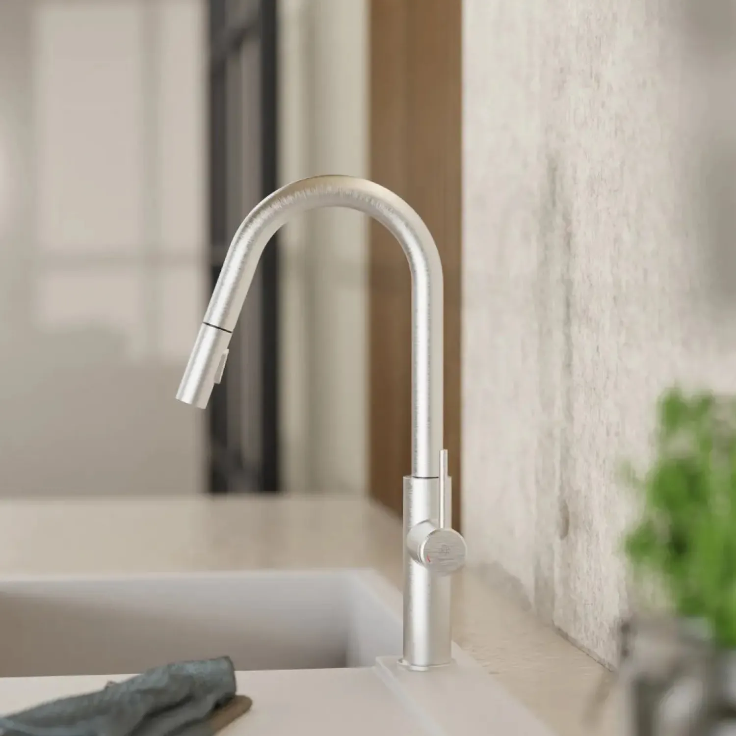 Kitchen Faucet with Curved Pull-Down Spout in Brushed Nickel Single Hole