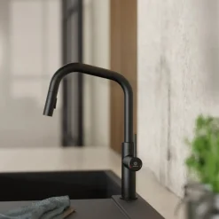 Online Kitchen Faucet with Angled Spout Pull-Down Sprayer in Matte Black Single Hole