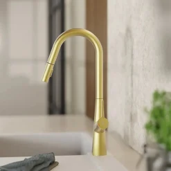Sale Kitchen Faucet with Curved Spout Pull-Down Sprayer in Brushed Gold Single Hole