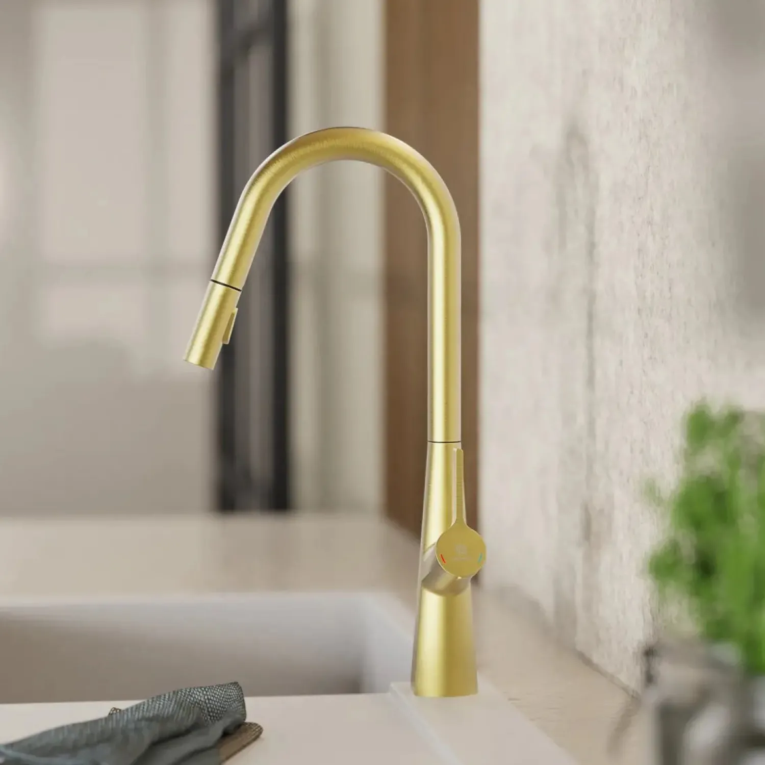 Sale Kitchen Faucet with Curved Spout Pull-Down Sprayer in Brushed Gold Single Hole