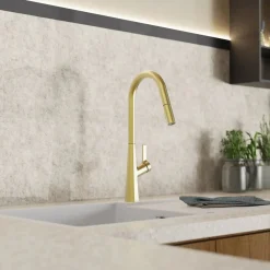 Sale Kitchen Faucet with Curved Spout Pull-Down Sprayer in Brushed Gold Single Hole