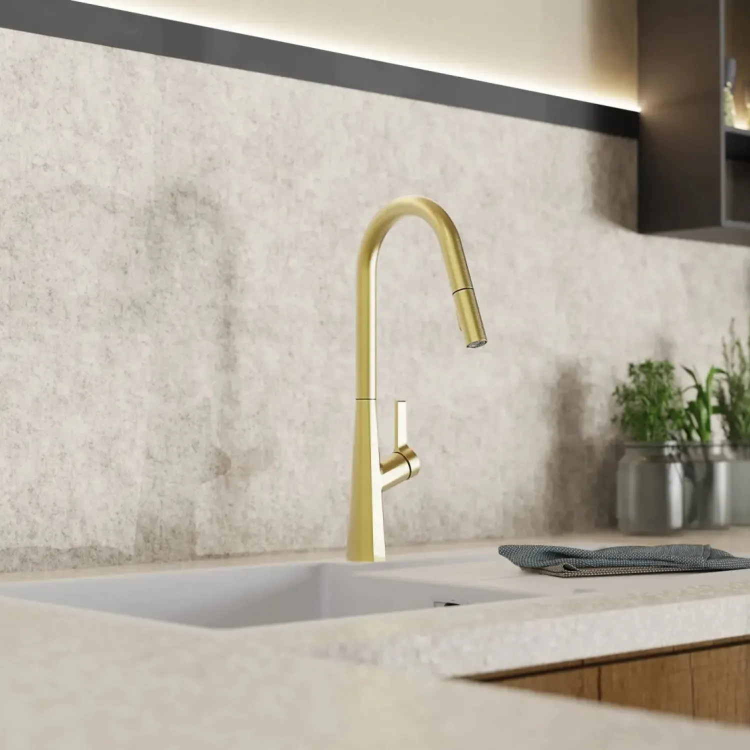 Sale Kitchen Faucet with Curved Spout Pull-Down Sprayer in Brushed Gold Single Hole