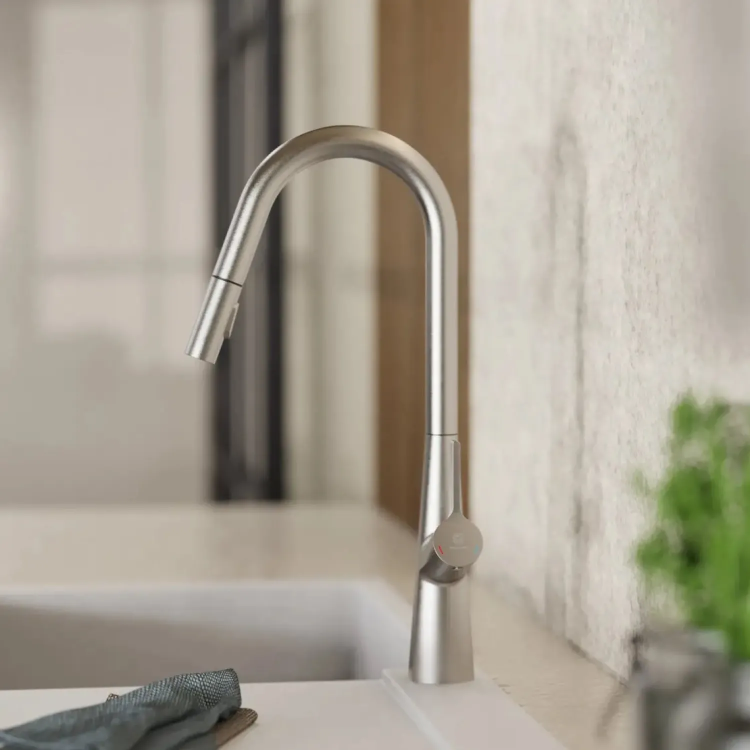 Discount Kitchen Faucet with Curved Spout Pull-Down Sprayer in Brushed Nickel Single Hole