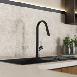 Hot Kitchen Faucet with Curved Spout in Matte Black Single Hole