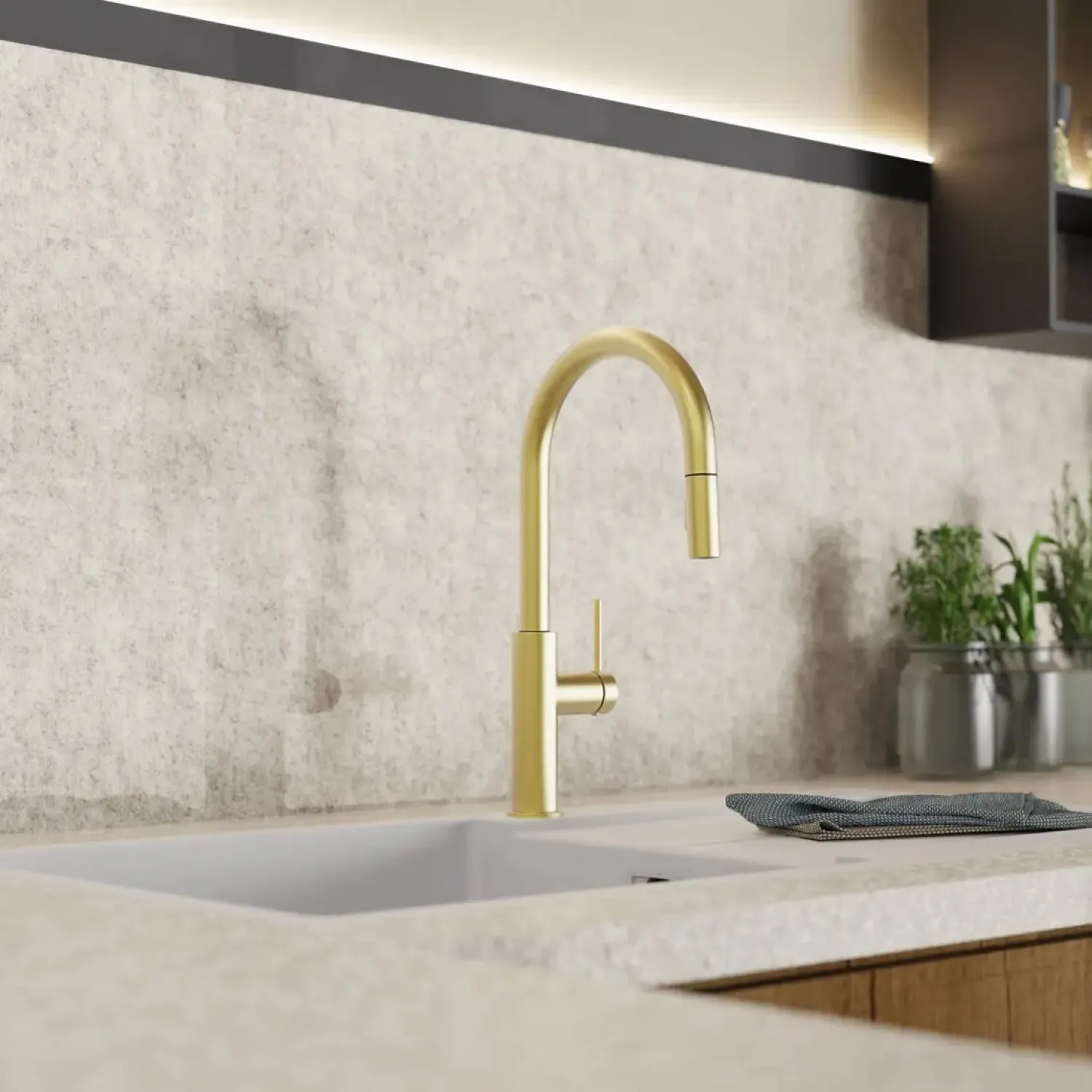 Sale Kitchen Faucet with Arch Pull-Down Spout in Brushed Gold Single Hole
