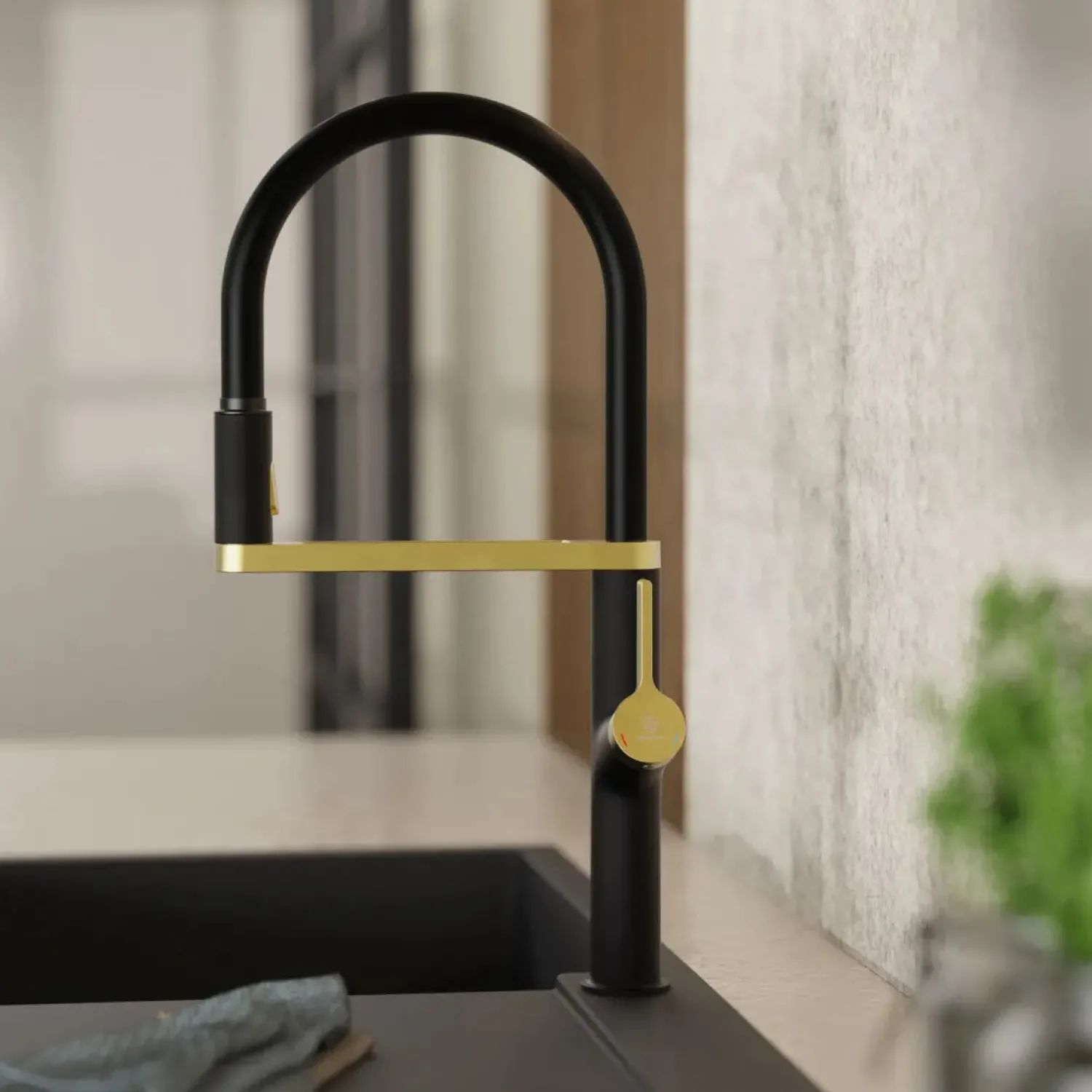 Outlet Single Hole Pull Down Kitchen Faucet | Matte Black & Brushed Gold Single Hole