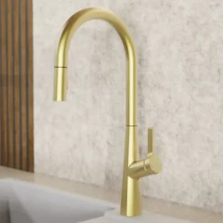 Hot Single Hole Pull Down Kitchen Faucet in Brushed Gold Single Hole