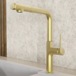 Online Single Hole Straight Spout Kitchen Faucet in Brushed Gold Single Hole