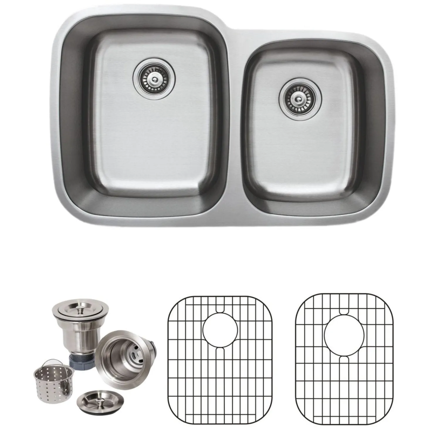 Online 32" 16-Gauge Double Bowl Undermount Stainless Steel Kitchen Sink with Grid Rack and Basket Strainer Stainless Steel Sinks|Double Bowl Sinks