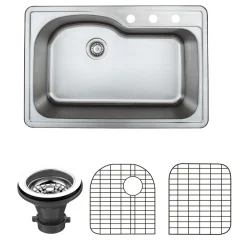 Hot 33" 18-Gauge Drop-in Single Bowl Stainless Steel Sink with Grid Rack and Basket Strainer Drop-In / Top Mount Sinks|Stainless Steel Sinks