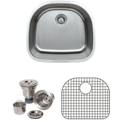 Outlet 24" 16-Gauge Undermount D-shaped Single Bowl Stainless Steel Kitchen Sink with Grid Rack and Basket Strainer Stainless Steel Sinks|Single Bowl Sinks