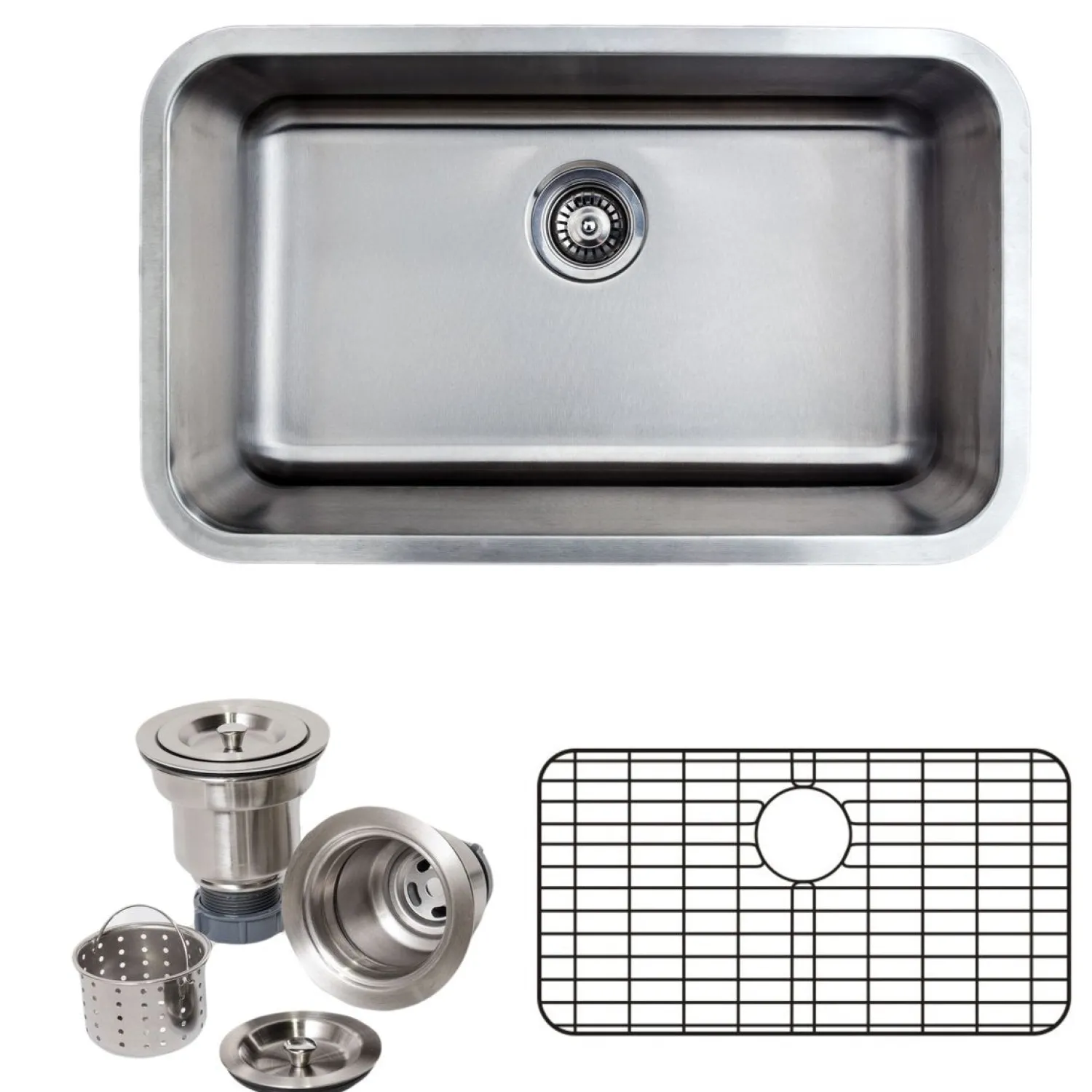 Discount 30" 16-Gauge Undermount Single Bowl Stainless Steel Kitchen Sink with Grid Rack and Basket Strainer Stainless Steel Sinks|Single Bowl Sinks