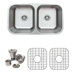 Online 33" 18-Gauge Undermount 50/50 Double Bowl Stainless Steel Kitchen Sink with Grid Rack and Basket Strainer Stainless Steel Sinks|Double Bowl Sinks