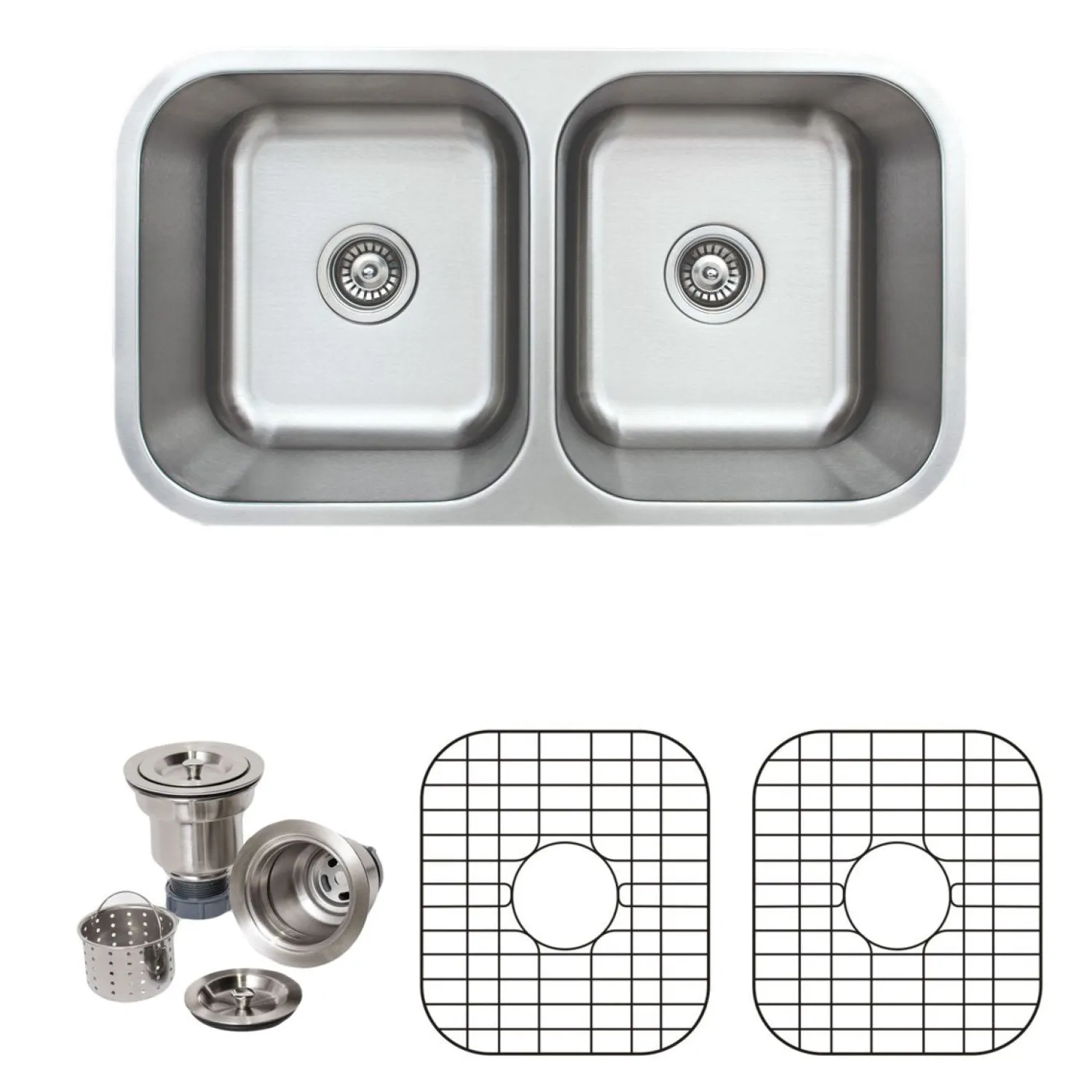Online 33" 18-Gauge Undermount 50/50 Double Bowl Stainless Steel Kitchen Sink with Grid Rack and Basket Strainer Stainless Steel Sinks|Double Bowl Sinks