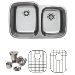Outlet 32" 18-Gauge Undermount Double Bowl Stainless Steel Kitchen Sink with Grid Rack and Basket Strainer Stainless Steel Sinks|Double Bowl Sinks